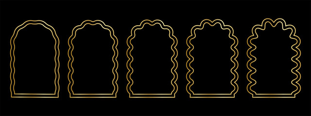 Wall Mural - set of gold arch frames with wiggly edges. golden archway shapes with scallop borders. wavy vignette