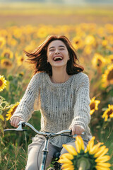 Wall Mural - A woman in colorful clothing rides a bike through a vibrant field of blooming sunflowers on a sunny day