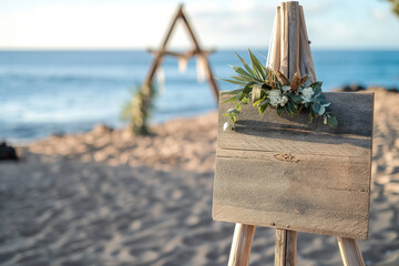 Wall Mural - triangular wedding gate on a beautiful beach with palm trees by the ocean and a wooden sign in the boho style for a wedding, generartive AI