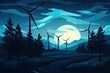 A landscape featuring wind mills under a full moon in the night sky. Generative AI