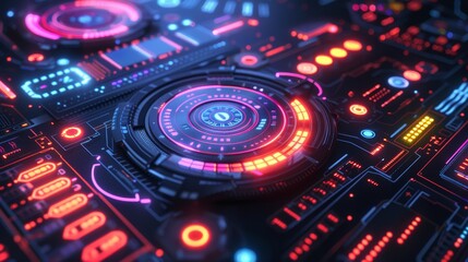 Poster - Detail of a cyberpunk neon colored holographic interface  AI generated illustration