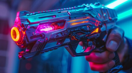 Wall Mural - Detail of a glowing neon cyberpunk weapon in hand  AI generated illustration