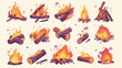 Collection of burning bonfires or campfires isolate