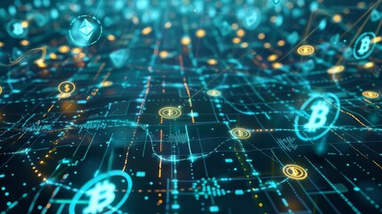 Poster - Digital currency symbols floating in a dark room  AI generated illustration