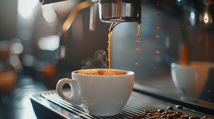 Wall Mural - Flowing coffee pouring into a cup  AI generated illustration