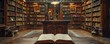 Elegant vintage library with book-laden shelves and an open antique book on desk