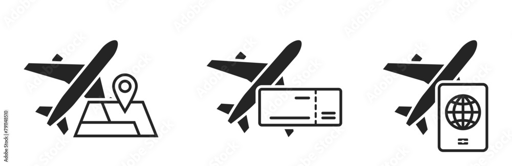 air travel icons. map, passport, flight ticket and plane. vacation ...
