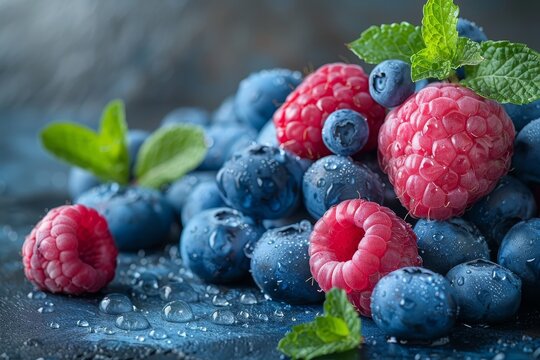 Close-up of fresh, juicy blueberries and raspberries with water drops, adorned with mint leaves, emphasizing freshness