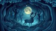 Majestic Stag in Enchanting Moonlit Forest A Papercut Art