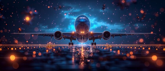 a plane taking off in a Abstract blue technology background with a cyber network grid and connected particles-1