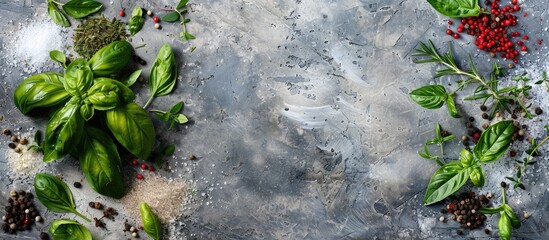 Wall Mural - Herbs and spices are placed on a stone table for cooking. The selection includes basil, rosemary, pepper, and salt. Viewed from above with space for adding text.