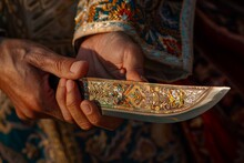 Close-up Photo Of Hands Holding A Beautifully Decorated Knife For The Sacrifice Ritual On Eid Al-Adha, Emphasizing Detail And Tradition