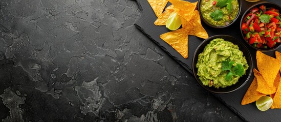 Wall Mural - Top-down view of a black table with a Latin American Mexican food spread including guacamole, salsa, chips, and tequila, with empty space for text.