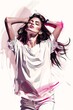 woman long hair white shirt pink energetic mood portrait talented slim figure wearing ragged clothing sketch lines drenched