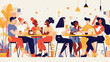 Collection of cute people sitting at tables and eat