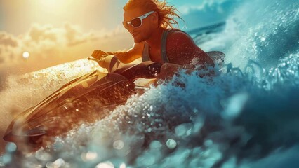 Wall Mural - Young man riding a water bike jet ski in the sea on a sunny day