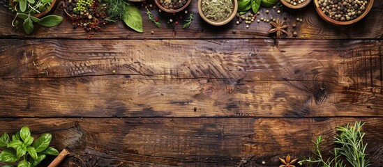 Wall Mural - Herbs and spices displayed on a wooden background from above, with space for text.
