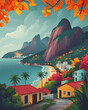 Vibrant Beach Painting: Minimalist Rio de Janeiro Landscape with Buildings and Mountains