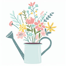 Handprint Flowers In Watering Can, Clipart Style, White Background, Pastel Colours, Simple Design, Cute, Handprints And Floral Designs

