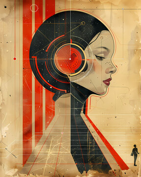 Vibrant Post-War Italian Poster Style Painting of a Woman Wearing Headphones for Technology Sector Promotion