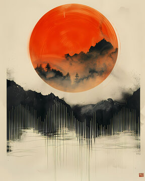Vibrant Minimalist Abstract Black and White Line Art Circle Sun Stripes Mountains Painting