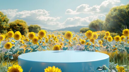 A blue pedestal in a field of yellow flowers. The flowers are in full bloom and the sky is blue with clouds. The scene is peaceful and serene, with the yellow pedestal as a focal point