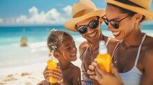 A Happy Family With A Child Putting On Sunscreen At A Sunny Beach, Enjoying Vacation Time Together.