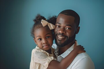 Wall Mural - Father and daughter portrait isolated on cyan background, studio shot. Generative AI.