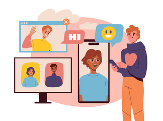 Poster - illustration of people engaging in a video call, showcasing digital communication, on a warm backgro
