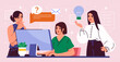 Teamwork concept with with three pretty women staring pensively at monitor screen. Female characters surrounded by email icons, light bulb, question mark and speech bubbles. Flat vector illustration