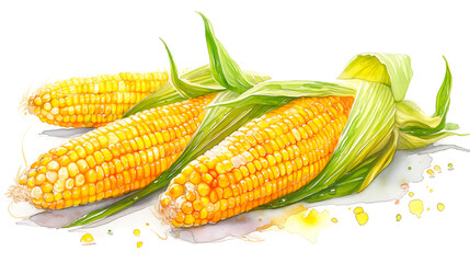 Three fresh corn cobs on a white background. Imitation of a watercolor drawing.