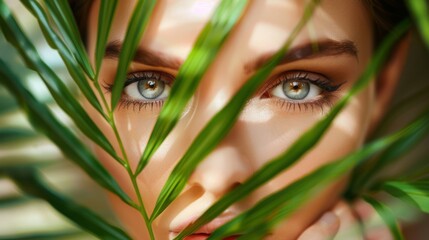 Wall Mural - Young beautiful woman with healthy skin of face and palm leaves. Closeup fresh face of an attractive caucasian girl with green plants. Model with bright brown eye makeup. Skin care concept. 