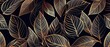 Abstract luxury elegant floral organic texture wallpaper banner illustration - Gold line art leaves on dark background, seamless pattern