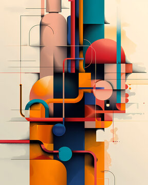 Modern Industrial Artwork: Abstract H2 Plant Scene with Geometric Shapes, Raster Textures and Printing Machine