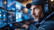Security guards monitor traffic in control room for legal compliance and safety. Concept Security Monitoring, Traffic Control, Legal Compliance, Safety Regulations, Control Room Operations