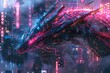 Capture the mesmerizing fusion of futuristic tech elements and mythical creatures in a side view impressionism piece, using unexpected camera angles with pixel art technique