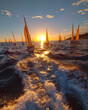 Vibrant seascape photo. Panoramic view sailboat race. Group of sailboats on the water. The point of view of the camera inside one of the boats.