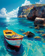 Caribbean Art: Colorful Painting of a Boat on Curacaos Crystal-Clear Waters