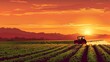 aerial view of tractor spraying pesticides on green soybean field at sunset vector illustration