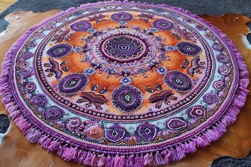 Aufkleber - A vibrant round rug in shades of purple and orange, featuring fringes along the edges
