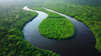 Wall Mural - aerial view of the congo river meandering through lush mangrove swamps exploring the beauty and biodiversity of nature