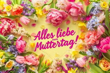 Aufkleber - Mother’s Day card in German , Heart-shaped arrangement of flowers forming