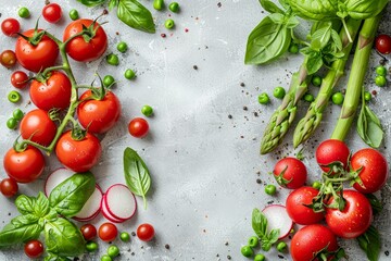 Poster - Tomatoes, asparagus, and radishes are arranged on a table