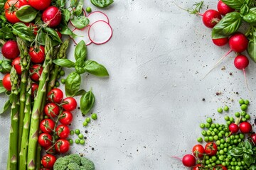 Poster - A table covered with an assortment of fresh vegetables of different colors and sizes, including tomatoes, basil, asparagus, peas, radishes, broccoli