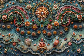 Poster - Close-up view of a painting filled with various colors and brushstrokes, creating a dynamic and lively composition