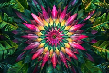 Poster - A vibrant flower stands out among lush green leaves in a striking contrast of colors and textures