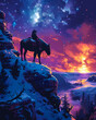 Vibrant Equestrian Art: Person on Horse Admiring Sunset in North Dakota, USA