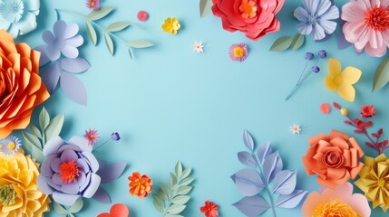 Wall Mural - Colorful handmade paper flowers on light blue background with copy space in the center