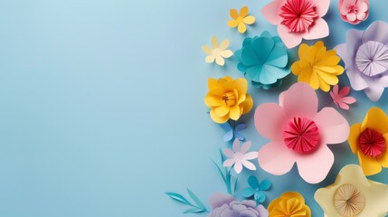 Wall Mural - Colorful handmade paper flowers on light blue background with copy space in the center