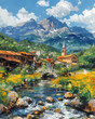 Pristine Albanian Town with Flowing River and Majestic Mountain Backdrop: A Stunning Artistic Masterpiece